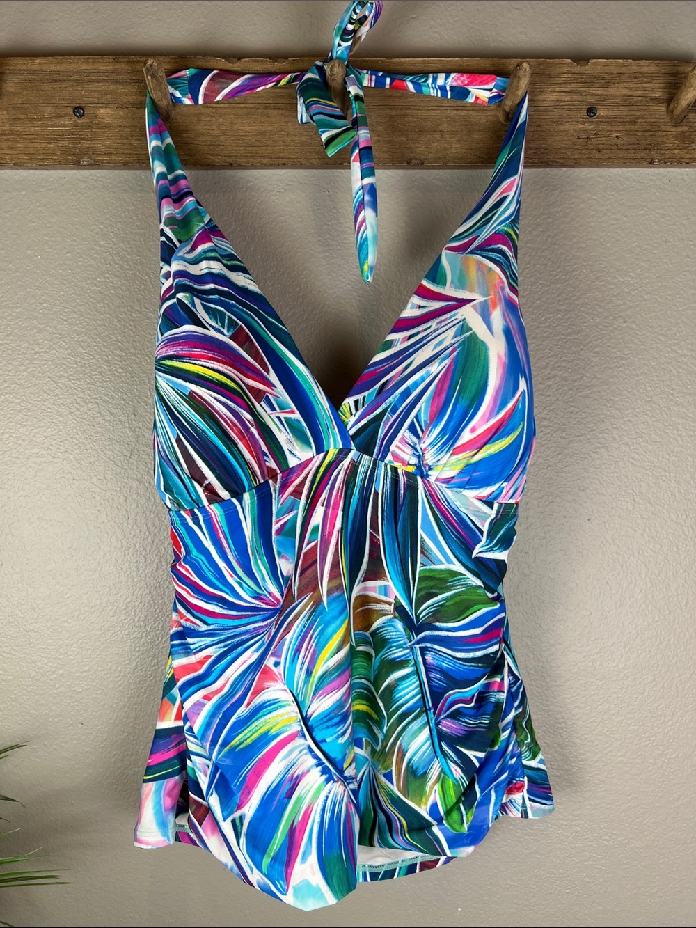 NWT Lablanca Tropical Print Blue Halter Swim Tankini Top
